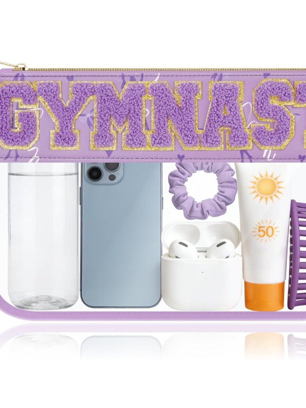 Gymnastics Gifts Cosmetic Makeup Bag with Chenille Letter Patch, Clear Pouch PVC